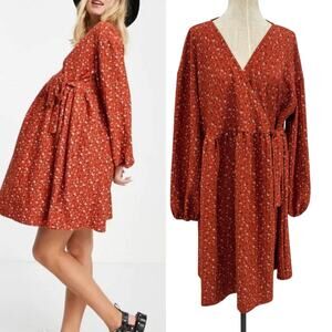 Asos Maternity Wrap Dress Floral Print Long Sleeve Rust Orange Size US 16